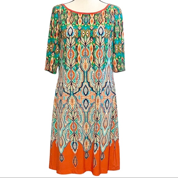 Eliza J Dress 6 Shift 1/2 Sleeve Paisley Medallion Orange Green - Picture 3 of 10